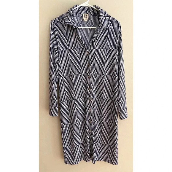 Anne Klein Navy/White Small Long Sleeve Button Down Geometric Print Dress - Picture 2 of 12